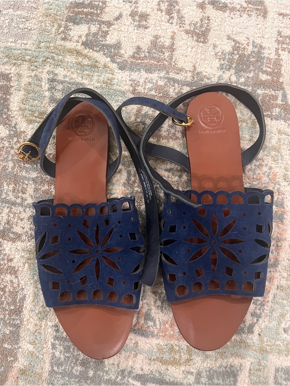 Tory Burch Navy Suede Laser-Cut Slide Sandals with Ankle Strap
